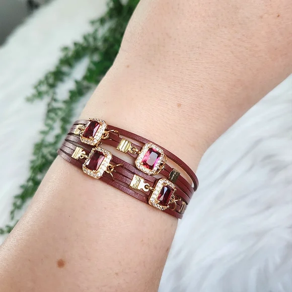 New Ryze Women's Burgundy & Gold Vegan Leather Magnetic Wrap Bracelet - Picture 5 of 6